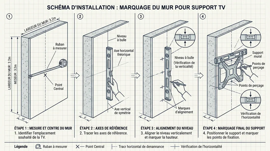 Marquage du mur pour fixation Schéma de marquage du mur pour support TV