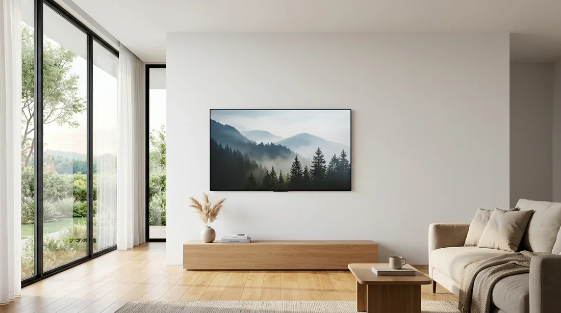 Télévision moderne fixée au mur Télévision ultra-fine fixée au mur d'un salon moderne