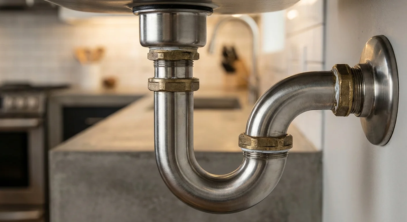 Installation technique de la hauteur d'évacuation Détail macro du raccordement technique de l'évacuation d'un évier de cuisine.