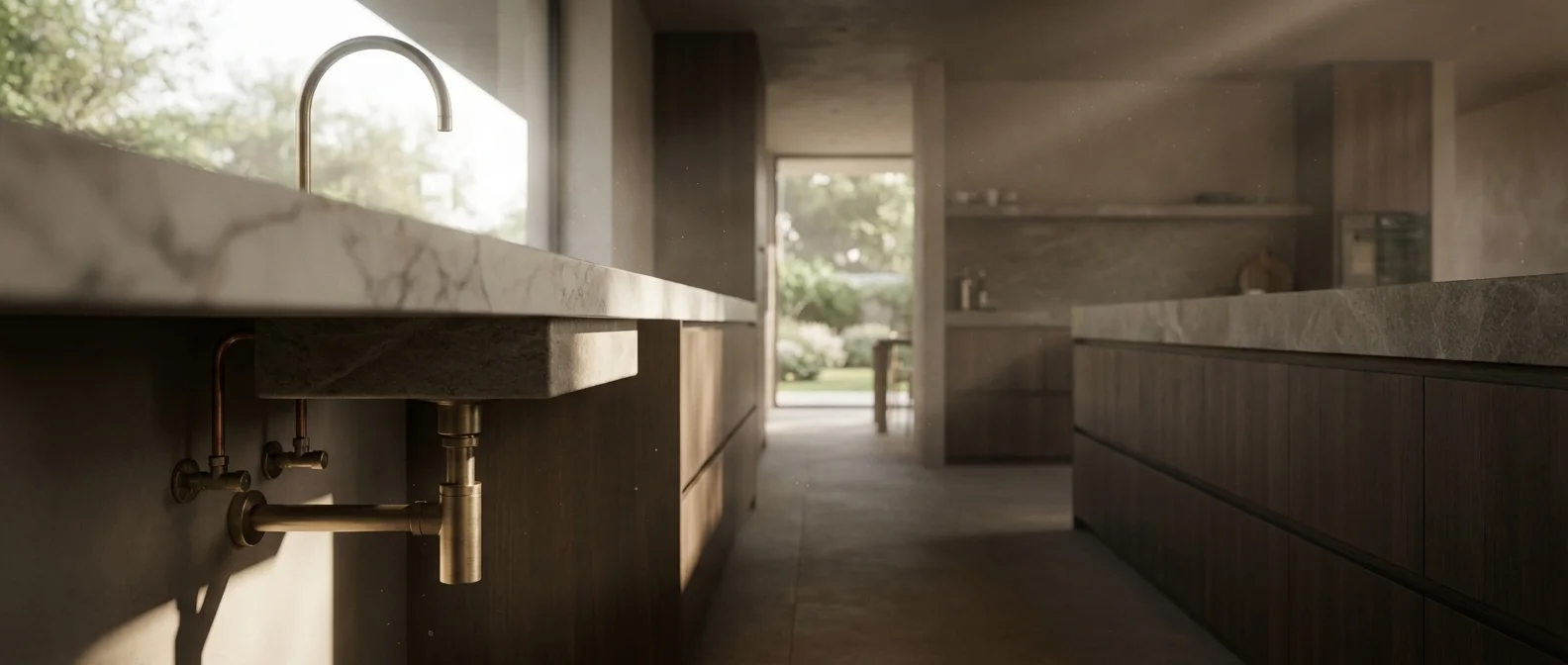 Hauteur évacuation évier cuisine design haut de gamme Vue cinématique d'un évier de cuisine de luxe avec éclairage professionnel mettant en avant l'installation sous plan.