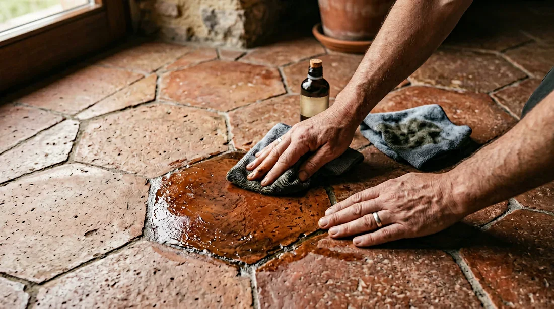 Technique d'application de l'huile sur sol en terre cuite Application manuelle d'huile sur des tomettes en terre cuite