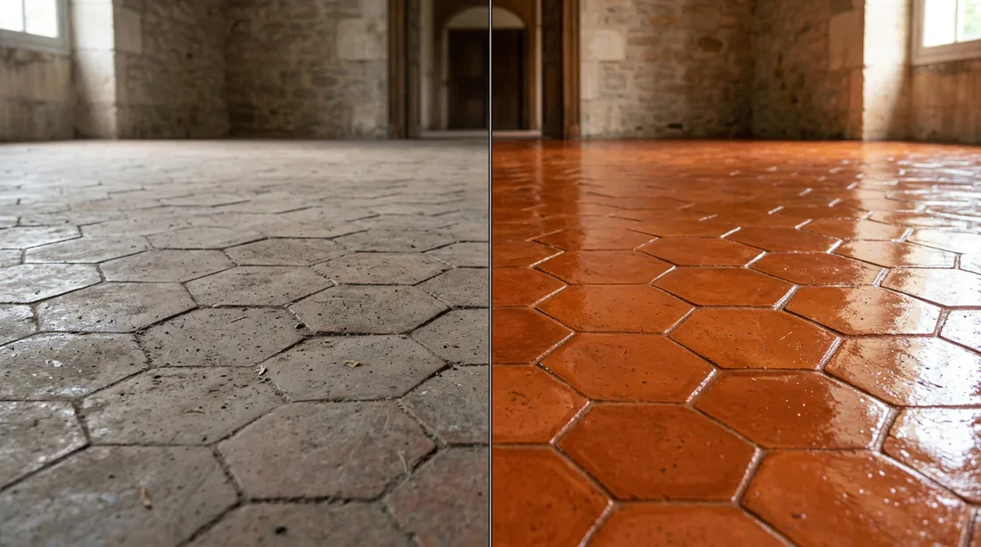 Résultat spectaculaire : tomettes huilées versus tomettes ternes Comparaison avant et après huilage de tomettes anciennes