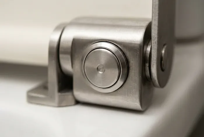 Impossible enlever abattant WC suspendu ? 4 solutions - Comment débloquer un abattant WC : le guide ultime - Abattant WC bloqué : comment l'enlever sans rien casser ? Gros plan sur la charnière en inox d'un abattant de WC
