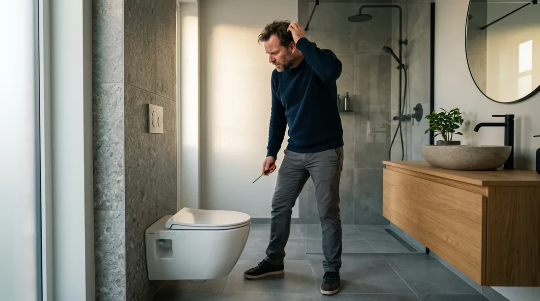 Personne perplexe tenant un tournevis devant un WC suspendu moderne