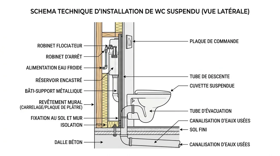 Schéma technique d'installation d'un WC suspendu