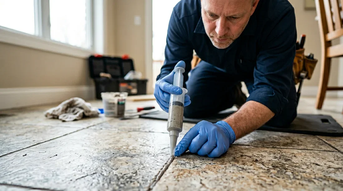 Bricoleur utilisant une seringue de précision pour réparer un joint de carrelage