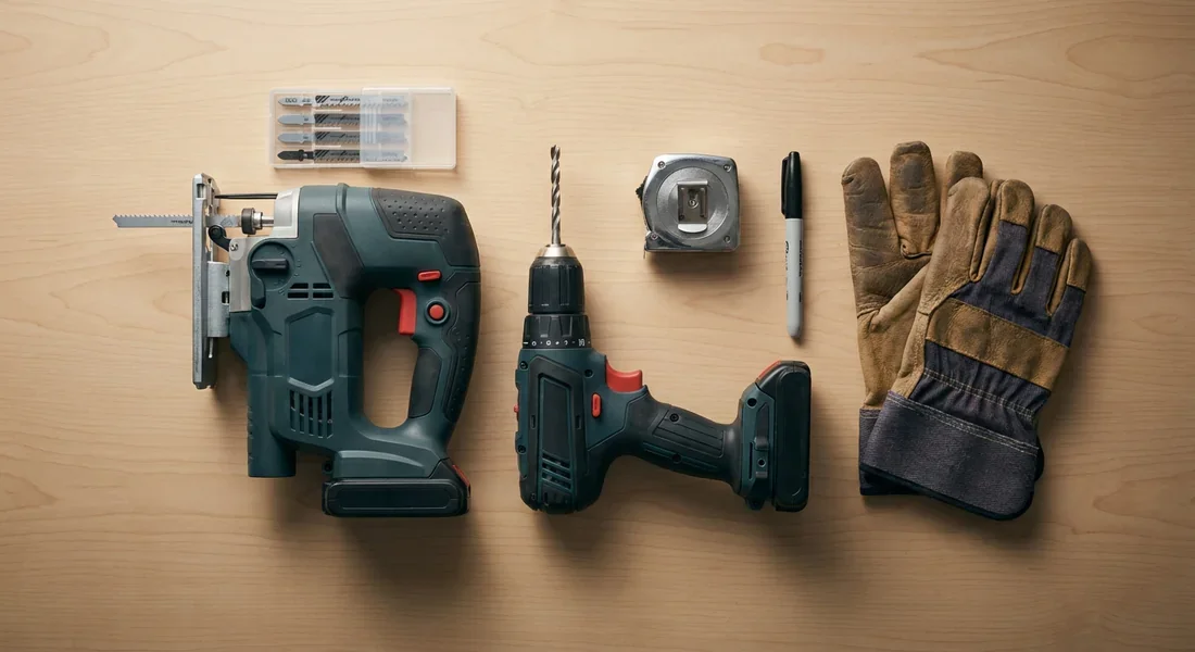 Les outils nécessaires pour poser une chatière sur une porte de garage métallique.