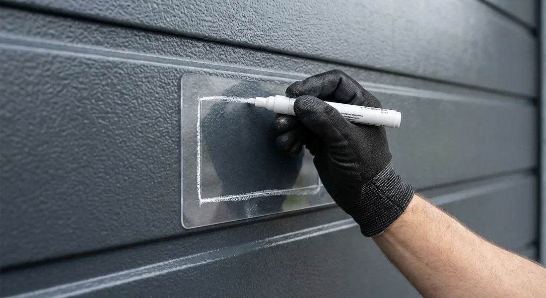 Marquage du gabarit de la chatière sur la porte en métal.