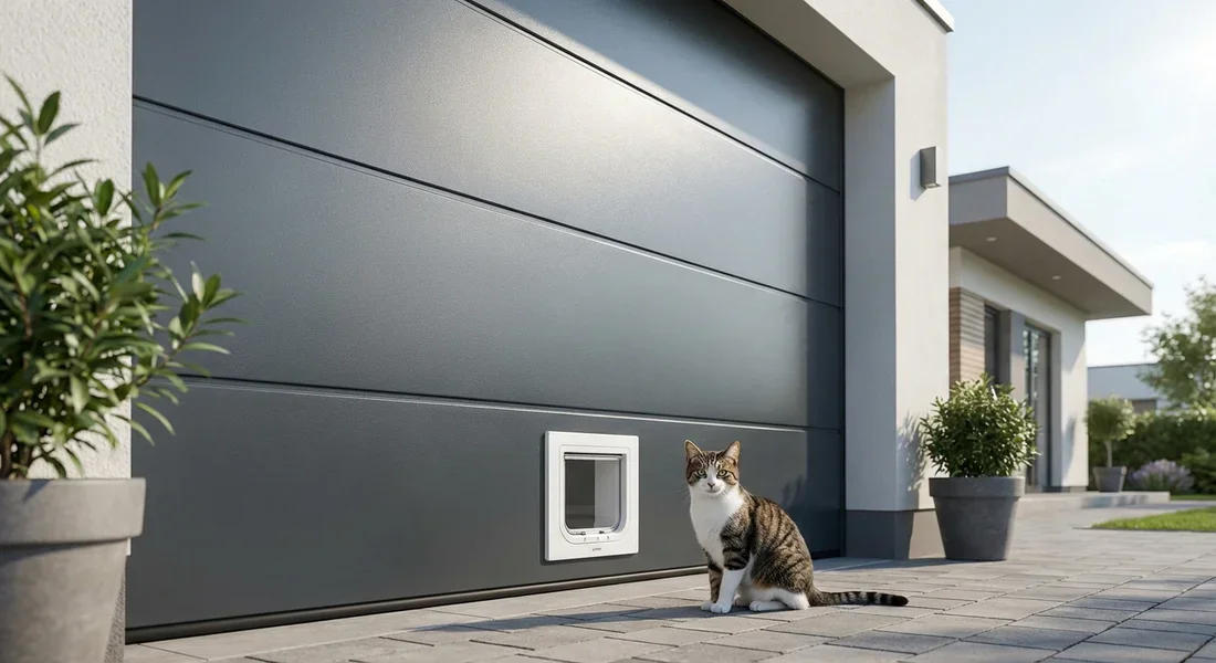 Une belle porte de garage en métal gris anthracite avec une chatière moderne blanche installée en bas et un chat devant.