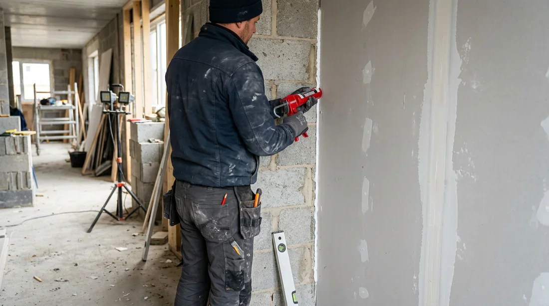 Application du joint entre placo et mur béton Artisan appliquant un joint de mastic acrylique entre un mur en béton et du placo