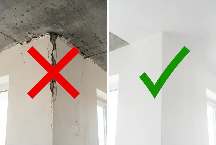 Comparaison avant après entre un joint placo béton fissuré et un joint parfaitement réparé