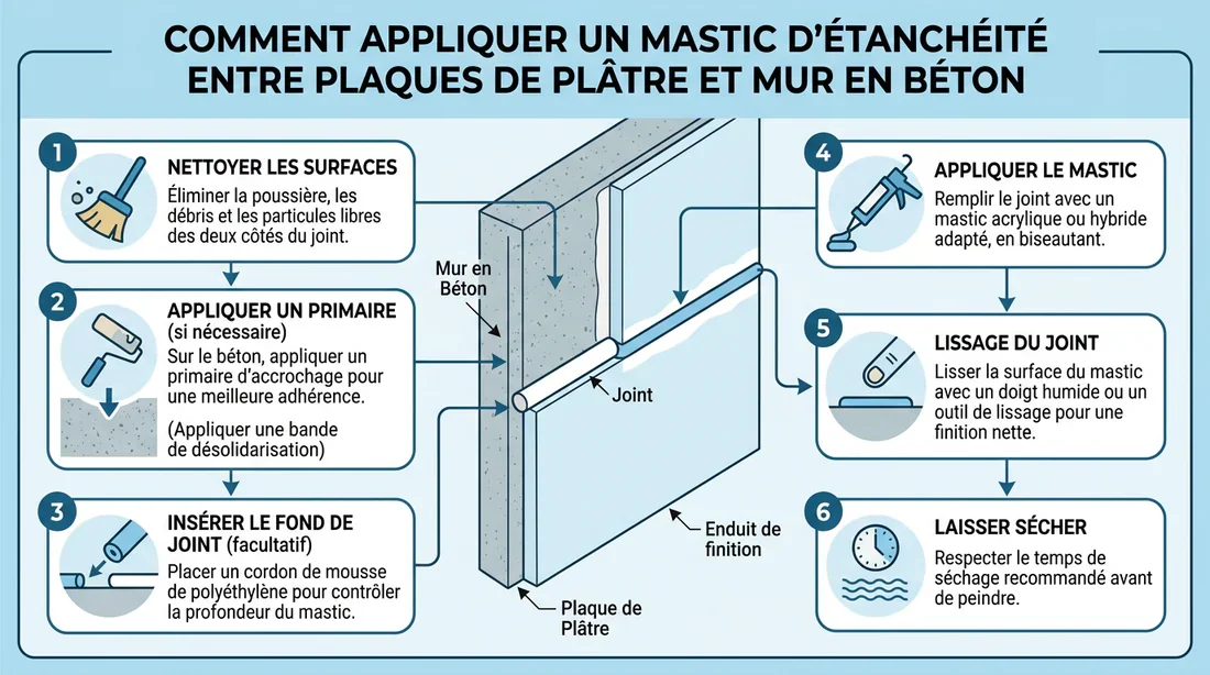 Schéma explicatif pour réussir la jonction placo et béton Schéma des étapes de pose de mastic d'étanchéité entre placo et béton