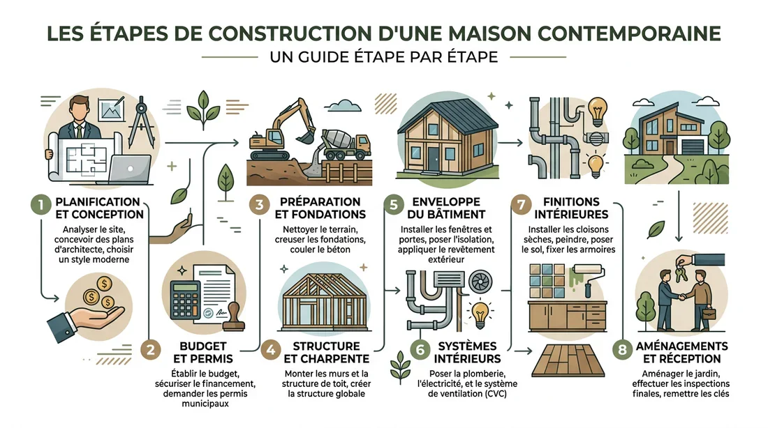 Infographie illustrant les étapes de construction d'une maison moderne.