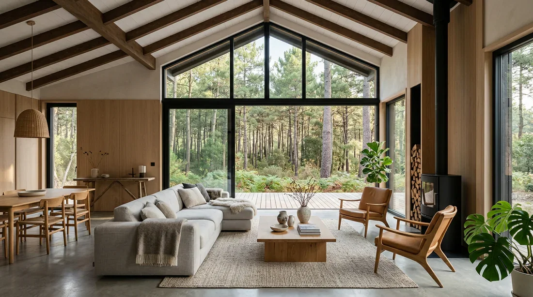 Intérieur de salon moderne avec vue sur les pins maritimes.