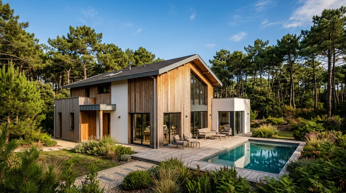 Maison individuelle moderne de style contemporain landais intégrée dans un environnement naturel avec des pins.