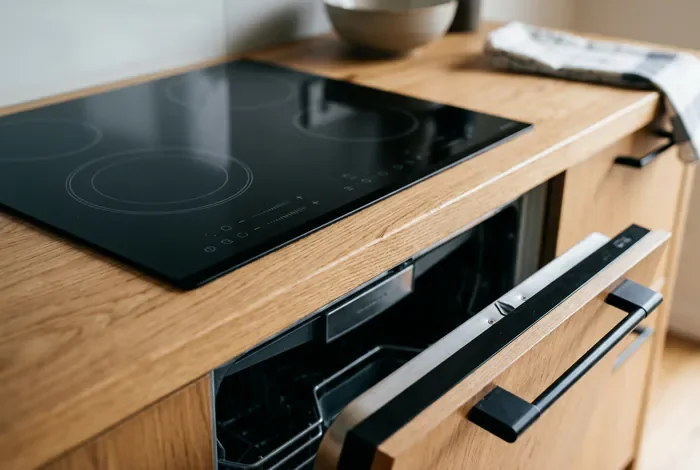 Gros plan sur une plaque à induction avec lave-vaisselle entrouvert en dessous