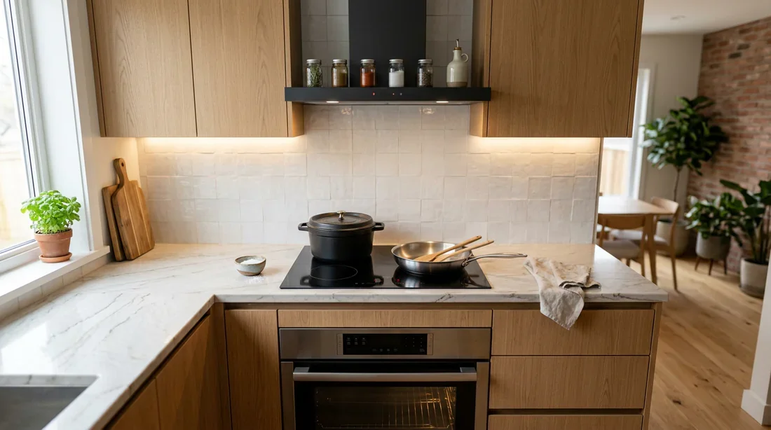 Agencement de cuisine moderne avec plaque à induction Petite cuisine moderne optimisée avec focus sur la zone de cuisson à induction