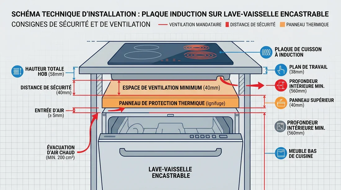 Distances de sécurité et isolation thermique sous la plaque Schéma des espaces de ventilation et d'isolation entre la plaque à induction et le lave-vaisselle