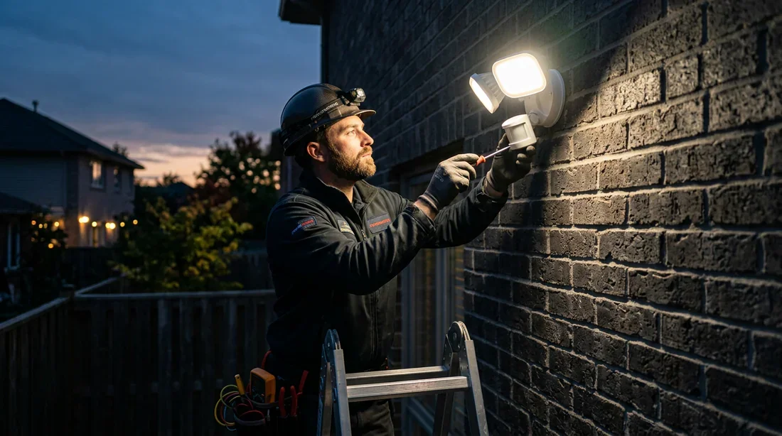 Inspection professionnelle d'un projecteur extérieur à détecteur de mouvement Électricien inspectant un projecteur extérieur à détecteur de mouvement de nuit