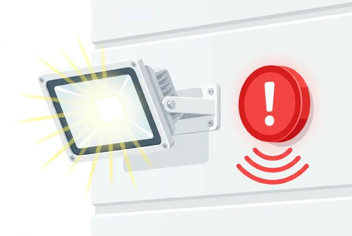 Lampe avec détecteur reste allumé : 5 solutions - 5 astuces pour réparer votre détecteur - Pourquoi ma lampe avec détecteur ne s'éteint plus ? Illustration d'un projecteur extérieur avec problème de détecteur de mouvement