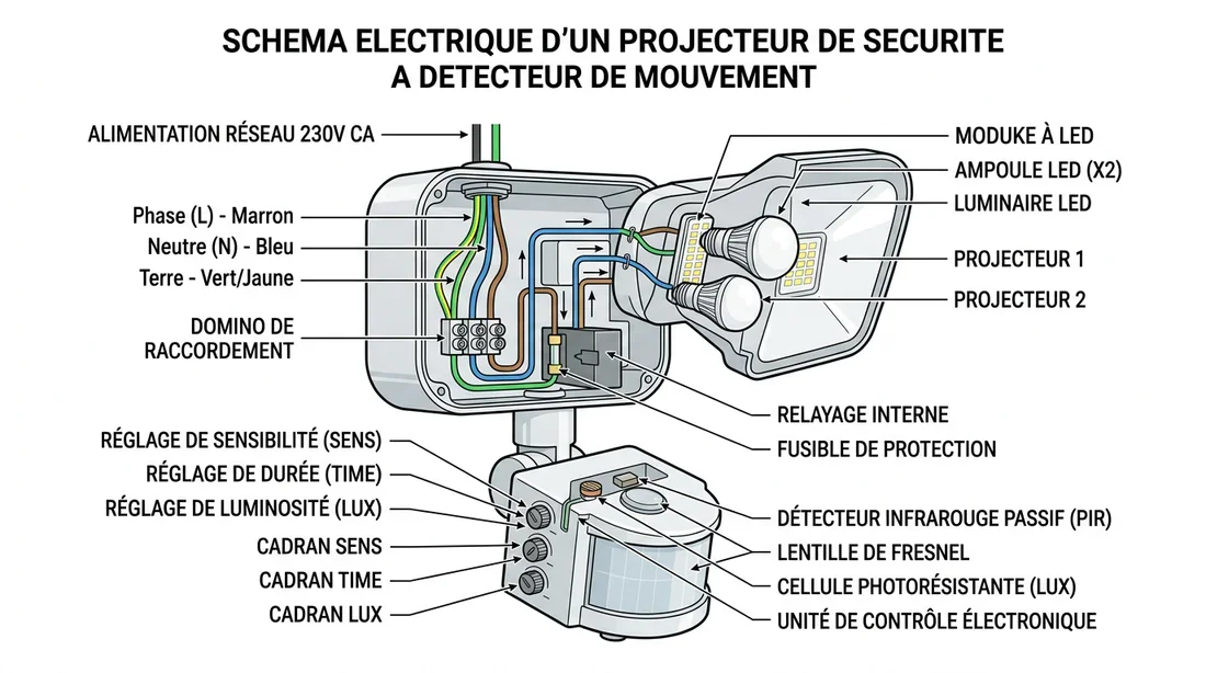 Schéma de fonctionnement et câblage du projecteur Schéma technique de câblage d'un projecteur à détecteur de mouvement
