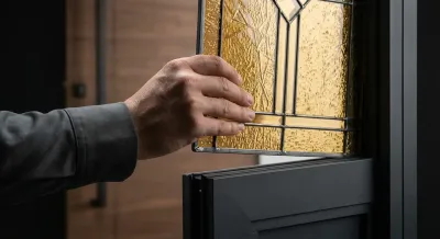 Main installant un vitrage décoratif sur une porte, image minimaliste et contrastée.