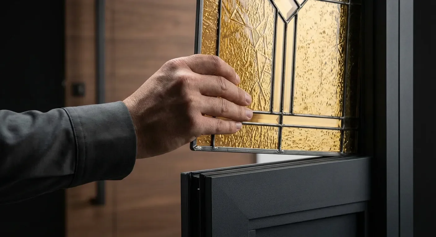 Mettre une vitre sur une porte d'entrée : le guide Main installant un vitrage décoratif sur une porte, image minimaliste et contrastée.
