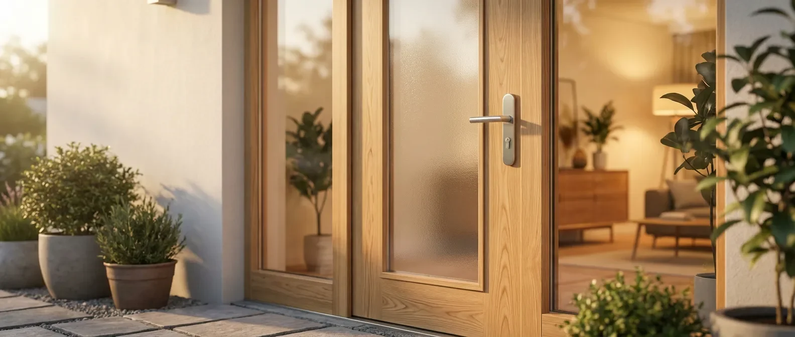 Porte d'entrée élégante avec vitrage moderne, baignée de lumière naturelle, vue grand angle et cinématique.