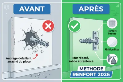 Infographie avant après pour la réparation et le renforcement d un mur en placo