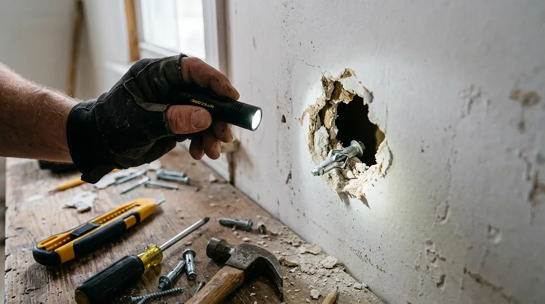 Diagnostic des fixations arrachées sur placo Inspection des dégâts de cheville sur un mur en plaque de plâtre