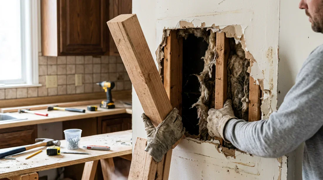 Pose de tasseau de renforcement pour meuble lourd Installation d un renfort en bois derrière une cloison en placo BA13