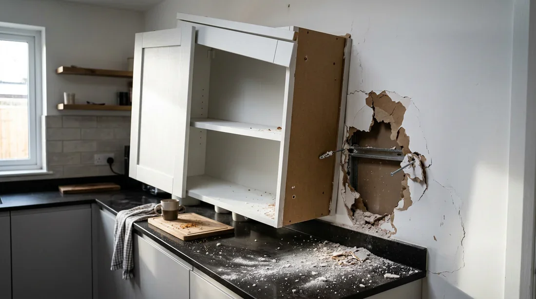 Sinistre meuble de cuisine arraché d un mur en placo Meuble haut de cuisine suspendu désaxé avec mur en placo BA13 endommagé