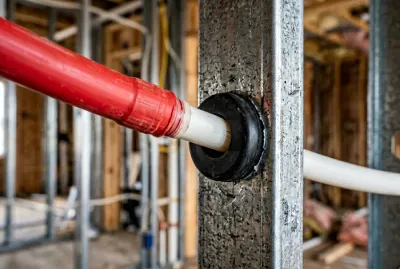 Gros plan sur un tube multicouche gainé passant à travers un montant métallique