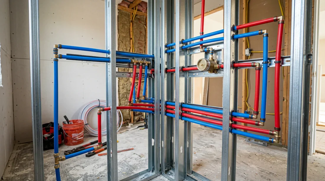 Chantier de plomberie multicouche pour salle de bain Installation de tubes multicouches dans une ossature métallique de salle de bain