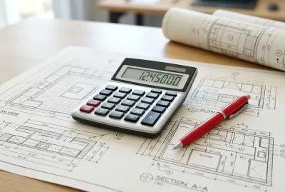 Calculatrice et stylo rouge sur un plan de cuisine 3D pour estimer le budget