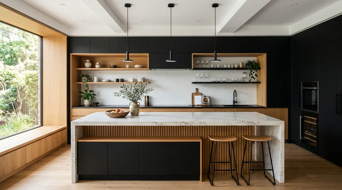 Cuisine moderne sur-mesure combinant le bois et le noir avec îlot central