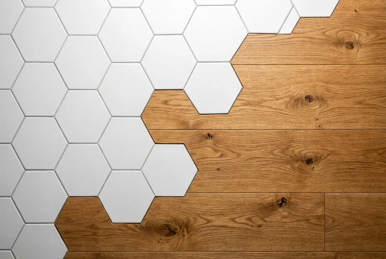 Zoom sur la transition esthétique entre du carrelage hexagonal blanc et des lames de parquet en bois