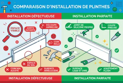 Infographie avant-après : pose de plinthe ratée vs réussie