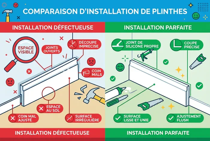 Infographie avant-après : pose de plinthe ratée vs réussie
