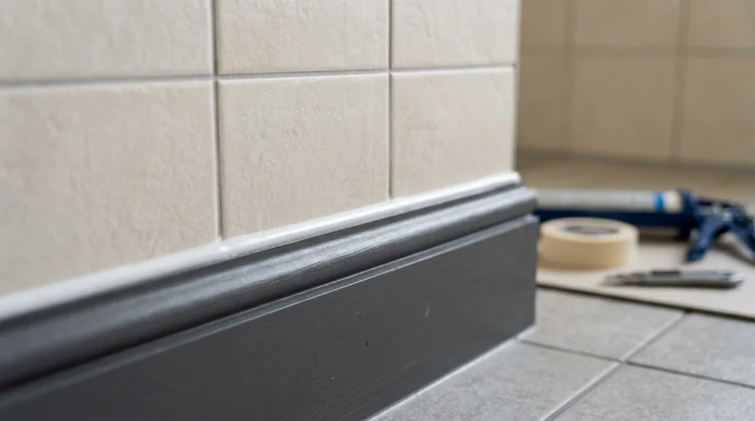 Design intérieur : contraste plinthes bois sombre et sol clair Intérieur contemporain avec plinthes en bois sombre et carrelage clair