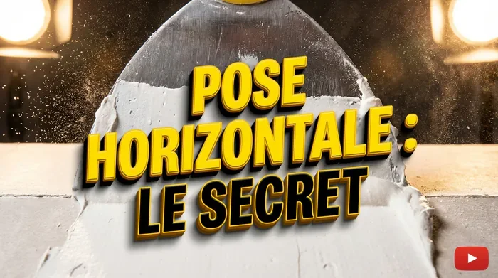 Placo pose à l'américaine : Le Guide Technique - Pose à l'américaine : 5 étapes pour des murs bétons - Faut-il poser le placo à l'horizontale ? Miniature vidéo montrant un joint de placo horizontal et le texte Pose Horizontale Le Secret