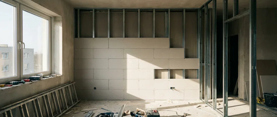 Mur en cours de rénovation avec pose de placo à l'horizontale sur ossature métallique