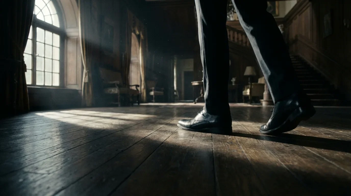 Le mystère du plancher qui grince Ambiance cinématographique d'une personne marchant sur un vieux plancher en bois qui grince, éclairé par une lumière rasante créant un suspense élégant.