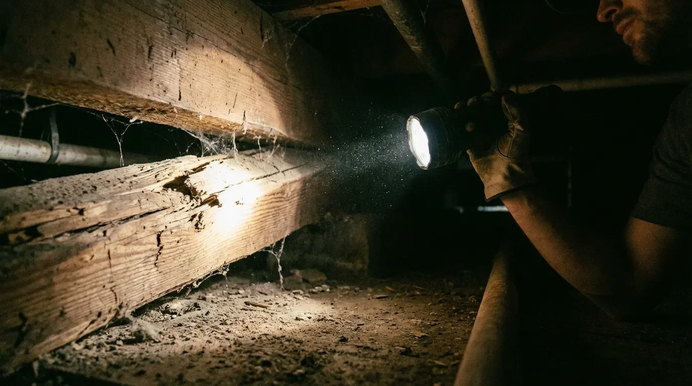 Diagnostic d'un danger structurel Expert inspectant une poutre en bois fissurée dans une cave à la lampe de poche, illustrant un danger structurel.
