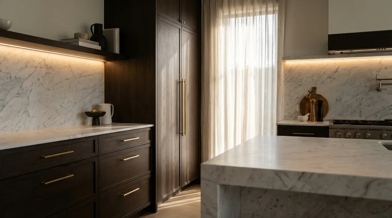 Agencement mixte poignées cuisine Vue d'ensemble d'une cuisine de luxe montrant l'agencement de poignées verticales sur les colonnes et horizontales sur les tiroirs