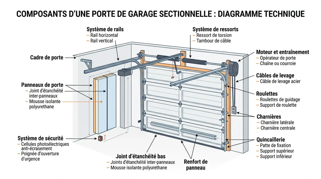 Schéma des composants d'une porte de garage sectionnelle