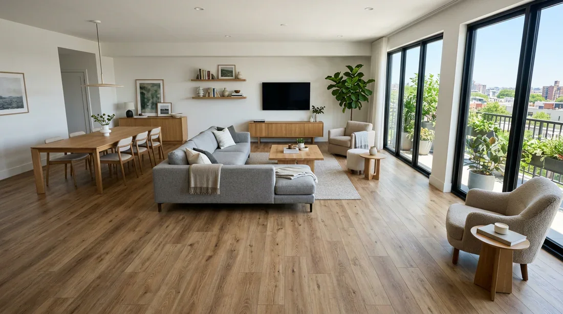 Pose de parquet stratifié effet bois dans un salon moderne
