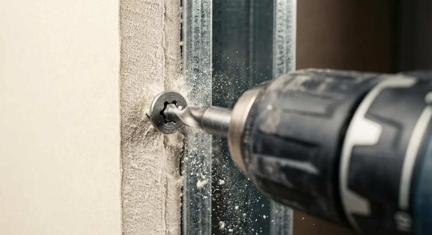 Technique de vissage précise sur rail Détail macro du vissage d'une plaque de placo sur une ossature en métal.