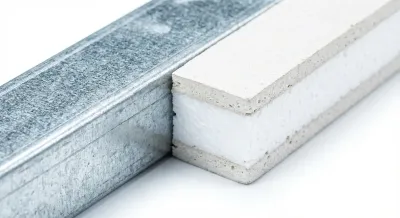 Gros plan minimaliste d'un rail métallique et d'une plaque de placo polystyrène.