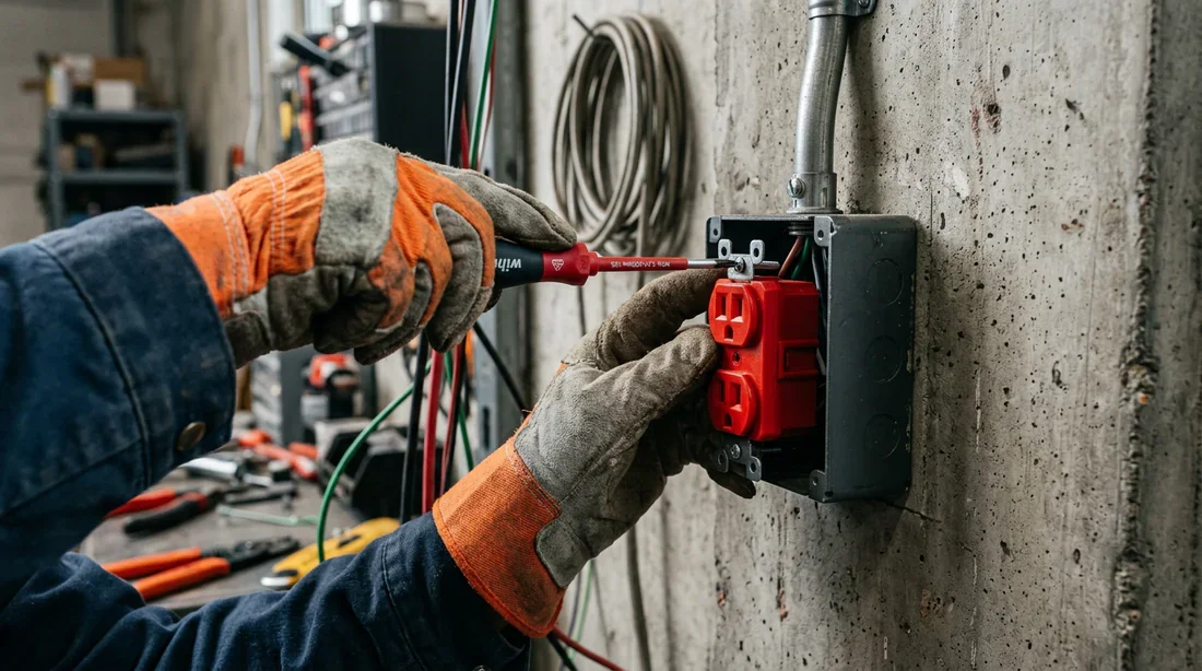 Installation professionnelle d'une prise électrique de sécurité Technicien installant une prise électrique rouge